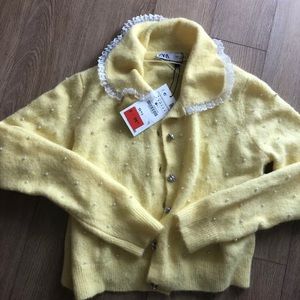 Zara yellow embellished wool mix cardigan new with tags